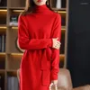 Women's Sweaters High-End Pure Wool Turtleneck Women Casual Long Knees Dresses Sweater 2022 Autumn Winter Loose Soft Solid Knitted Jumper