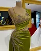 Arabic Aso Ebi Olive Green Elegant Satin Mermaid Prom Dresses Gorgeous Crystals Beading Ruched Formal Evening Gowns Ruched Sexy Sp8852443