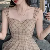 Casual Dresses Worfree Summer Vintage Women Long Tulle Dress Floral Brodery Sexig Plaid Maxi Corset