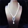 Choker Hand Knotted 10-11mm Baroque White Freshwater Cultured Pearl Micro Inlay Zircon Accessories Pendant Sweater Necklace Long 48cm