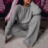 Women's Two Piece Pants Stylish Casual Outfit Set Sweater High Waist Hooded Knitted Sweatshirt Long Pure Color