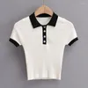 Pulls pour femmes Femmes Contraste Cou et manchette Bouton partiel Patte de tricot Lounge Polo Top Tricoté Fit Crop T-shirt