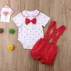 衣料品セット生まれの男の子の服紳士スーツ幼児の蝶ネクタイのロンパートップサスペンダーショーツオーバーオン衣装0-24m