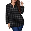 Hemd Plus Größe Frauen Plaid Bluse Langarm Lose V-ausschnitt Tops Casual Herbst Regelmäßige Vintage XL-4XL