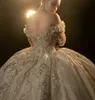 Vestido de novia de princesa de lujo, vestido de novia con hombros descubiertos, manga larga de cristal, Arabia Saudita, apliques florales en 3D, vestidos de novia de rob