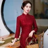 Etniska kl￤der 2022 Spring Autumn Red Lace Cheongsam brud br￶llop kv￤llskl￤nning kinesisk traditionell qipao l￥ng slits f￶r kvinnor