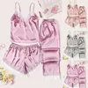 Women's Two Piece Pants Women 3pcs Silk Satin Pajamas Set Sleeveless Tops & Shorts Long Sleepwear