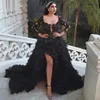 Black Beaded Lace Prom Dresses Square Neck A Line Long Sleeves Backless Evening Gowns Side Split Tiered robe de mariee