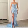 Pearls Sky Blue Mermaid Prom Dresses Spaghetti Straps Party Dresses Sequin Side Split Custom Made aftonkl￤nning