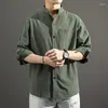 Men's Casual Shirts Summer Linen Loose Stand Collar Three Quarter Sleeve Shirt Men's Japanese Business Trend Solid Mens Clothing Top