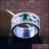 Anneaux de mariage Anneaux de mariage évider fleur pierre verte pour femmes zircon cubique large doigt bague de fiançailles femme Vintage bijoux Dhgb1