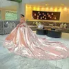 ピンクプリンセスボウバックコルセットQuinceanera Dress Ball Gown 3D Flowersアプリケーションフリルスイート16 Vestidos de xv anos