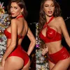 BHs Sets Frauen Damen Leder Erotische Dessous Aushöhlen Bündelung Sexy Neckholder Rückenfreier BH Und Slip Höschen Latex Set Clubwear Kostüm