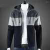 Herrtröjor Autumn Winter Korean Hooded Men med tjock sammet Cardigan Sticked tröja med lapptäcke stickad jacka han 3xl