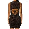 Casual Dresses BKLD Fashion Black Leopard Bandage Dress Club Party Sexig genomskinlig Mesh Hollow Out Backless Bodycon Mini 2022 Autumn