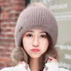 Beanie/Totenkopfkappen Einfaches Mädchen verdicken Ski-Schneekappe Neue Mode Pelzbommel Winterwolle Frauen Beanie Hüte Weibliche Skullies Warme Strickmütze Set T221020