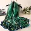 Scarves Autumn And Winter Women Blue Scarf Silk Floral Female Shawl Foulard Ladies Beach Cover-Ups Wrap Bandanna Muffler Pareo