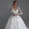 2023 Ballkleid Brautkleider Illusion Luxus Dubai Arabien Spitze Kristall Perlen 3D Blumen Blumen Lange Ärmel Plus Size Braut Party Kleider Robe De Marriage