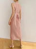 Casual Dresses Miyake Pleated Women Elegant Dress 2022 Summer Original Designer Korean Fashion Pink Long Belt Sleeveless Vest