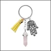 Keychains Lanyards Hamsa Hand Fatima Keychain Tassel Hexagonal Prism Chakra Natural Stone Evil Eye Crystal Pendant Charms Keyring DHCJG