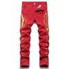 Men's Pants 2022 Punk Style Men's Casual Corduroy Jeans Red Letter Embroidery Stylish Mid-Waist Stretch