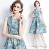 Casual Dresses Women's Fashion Jacquard Party Dress Vintage O-Neck ￤rml￶s tankkl￤nning Summer Elegant Kne-Length Vestidos