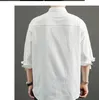 Men's Casual Shirts Summer Linen Loose Stand Collar Three Quarter Sleeve Shirt Men's Japanese Business Trend Solid Mens Clothing Top