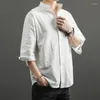 Men's Casual Shirts Summer Linen Loose Stand Collar Three Quarter Sleeve Shirt Men's Japanese Business Trend Solid Mens Clothing Top