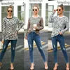 Damen-T-Shirt Großhandel Damenoberteile Rundhals-Langarm-T-Shirts Sommer-Damenoberteile Stricknähte Leoparden-Chiffon-T-Shirt Oberteile im europäischen Stil