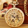 Pocket Watches Vintage Steampunk Hollow Mechanical Watch met ketting Handwindende hanglangen Klok Men Women Gold Bronze ketting GIF's