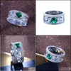 Anneaux de mariage Anneaux de mariage évider fleur pierre verte pour femmes zircon cubique large doigt bague de fiançailles femme Vintage bijoux Dhgb1