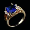 Wedding Rings Vintage Female Blue Crystal Stone Ring Yellow Gold Color For Women Luxury Big Oval Zircon Engagement