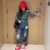 Clothing Sets Girls Autumn 13 14 Years Ripped Jeans Striped T-shirt Two Piece Suit Clothes For Teenagers 2022 Kids Streetwear Outfits