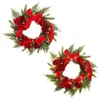 Decorative Flowers Ornaments Door Hanging Festival Decorate Christmas Wreath Garland Simulation Wall Decoration Style Green Red Ribbon