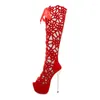 Sandálias 16 cm estiletto vermelho sexy strape boots long back zipper hollow out plataformas pretas sapatos de verão aberta de pé alto salto alto
