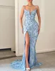 Pearls Sky Blue Mermaid Prom Dresses Spaghetti Straps Party Dresses Sequin Side Split Custom Made aftonkl￤nning