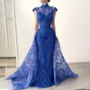 Królewska Niebieska Mother of the Bride sukienki koraliki cekiny wieczorowe sukienki z przeorami Sheer Szyja Wysokie formalne odzież matki
