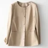 Women's Leather Spring Autumn Fashion Sheepskin Jacket For Women Casual Round Neck Khaki Sheath Short Covered Button High-end Coat