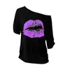 Dames blouses trendy tops tienermeisjes vrouwen casual sexy onregelmatige mouwen lippen afdrukken schouder t shirt lange mouw plus tees katoenen top