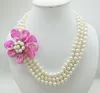 Choker 3 Rows 8-9MM Natural White Pearls Shell Flower Necklace 18-22 Inches