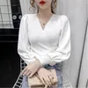 Women's Blouses Long Puff Sleeve Elegant Women Slim V Neck Womens Sexy Tops Patchwork Fit Blouse Autumn Spring 2022 Shirt ZY5485