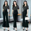 Tute da donna 2022 Donna Summer Flowers Chiffon Patchwork Top Camicetta e pantaloni lunghi Pantaloni Lady Due pezzi Abiti a maniche corte