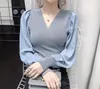 Women's Blouses Long Puff Sleeve Elegant Women Slim V Neck Womens Sexy Tops Patchwork Fit Blouse Autumn Spring 2022 Shirt ZY5485