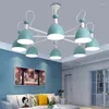 Chandeliers Shopcase Art Deco Candy Light Iron Hanging Lamps For Kitchen Restaurant Lighting Dining Room Blue Lampshade Children Lampadario