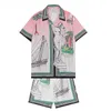 新しいカサブランシャツメンズ Tシャツ明晰夢島風景色気質サテン半袖シルクシャツショーツアジアサイズ M-3XL