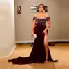 Veet – robe de bal bordeaux Sexy pour femmes arabes, Aso Ebi, épaules dénudées, perlée, fendue sur le devant, robes de soirée formelles, 2023
