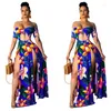 Casual Dresses 2022 Sexig tryck Slitkvinnor Maxi Summer Strapless Long Dress Mönster Floral Milk Fabric Kort ärm