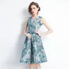 Casual Dresses Women's Fashion Jacquard Party Dress Vintage O-Neck ￤rml￶s tankkl￤nning Summer Elegant Kne-Length Vestidos