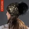 Beanie / Skull Caps CNTANG 2021 Moda donna Bronzing Cappelli di lana lavorati a maglia Inverno Doppio strato Cappellini caldi Berretti con pompon Cappello di pelliccia reale per donna T221020