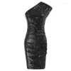 Casual Dresses Mini Dress for Women Sequined Asymmetric One Shoulder Ruched Tight Short Sleeve Summer Sexy Nightclub Pencil